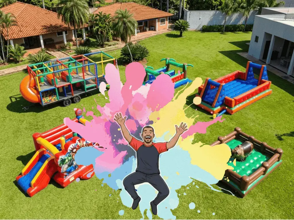 Diversos brinquedos infláveis coloridos em um gramado com a ilustração de um homem sorridente pulando
