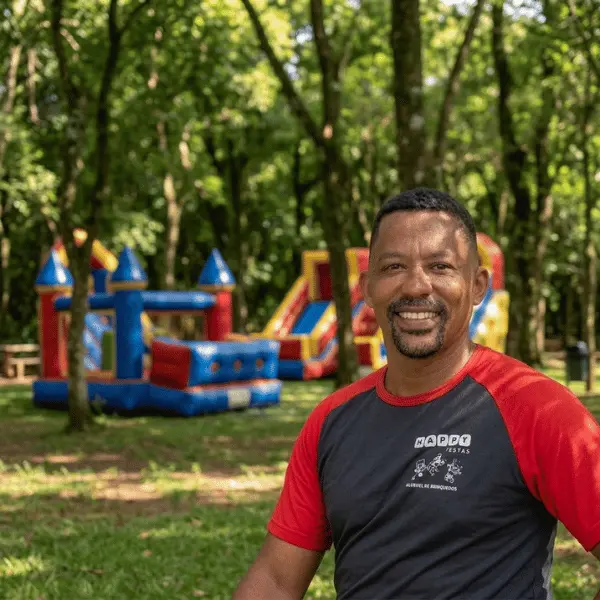 Equipe da Happy Calis sorrindo em um evento com brinquedos infláveis ao fundo